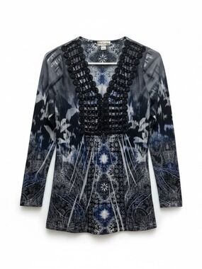 World Unity Embellished Boho Paisley Tunic Top Blue Black Small Like New